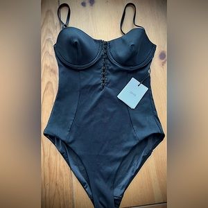 Black Lined Onia Swimsuit Diana One Piece Ribbed with Metal Clasps